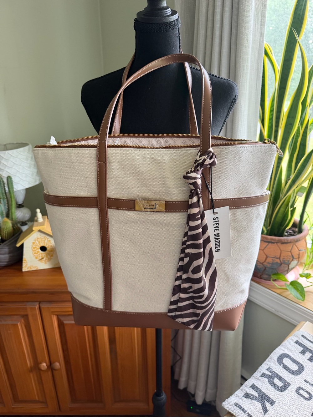 Steve Madden Neutral Canvas Tote with Brown Zebra Accent